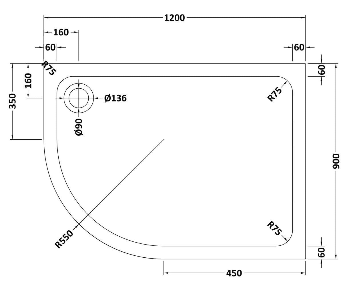 Bathroom Offset Quadrant Shower Tray, Anti-Slip, Choice of Size and Orientation