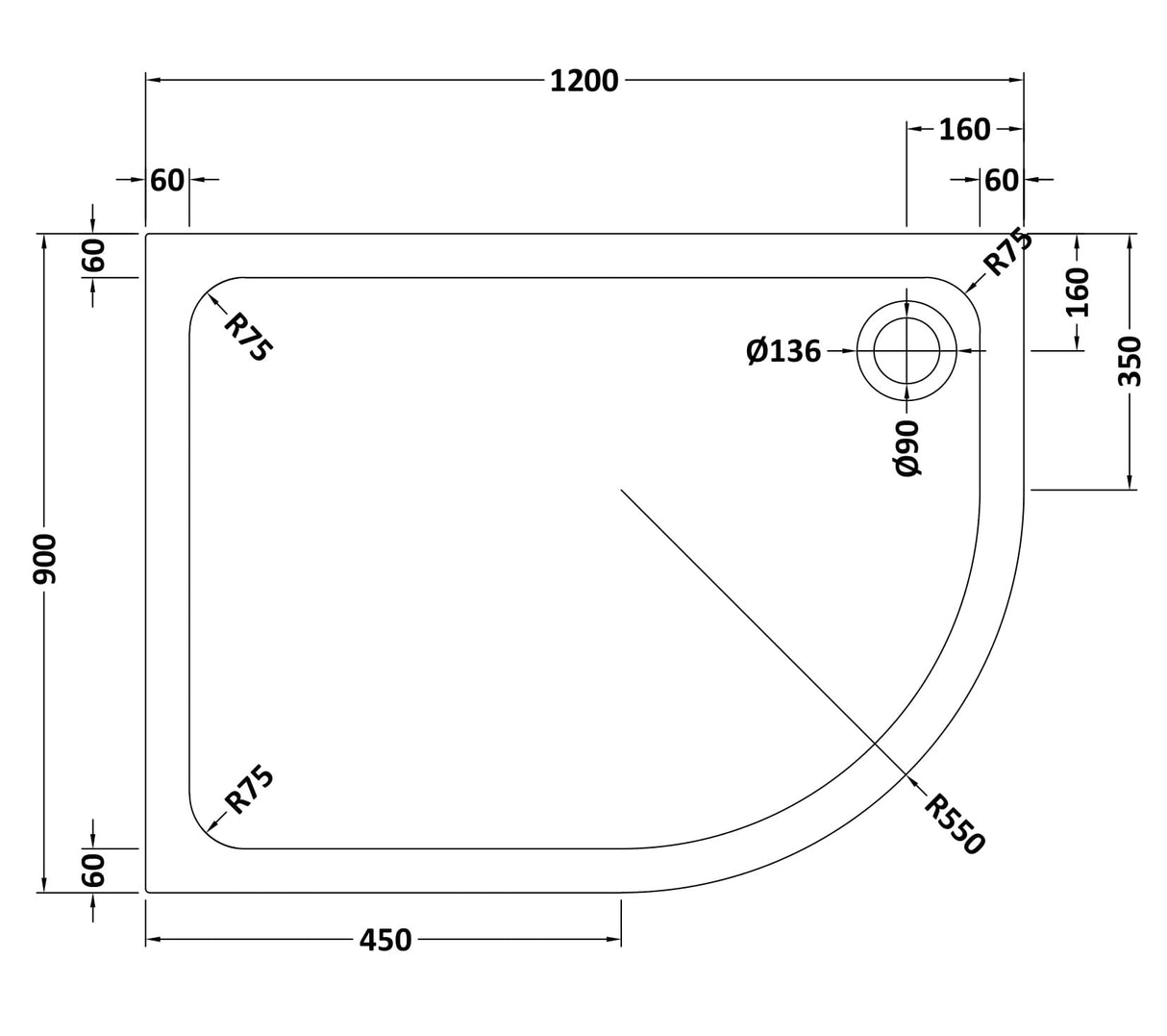 Bathroom Offset Quadrant Shower Tray, Anti-Slip, Choice of Size and Orientation