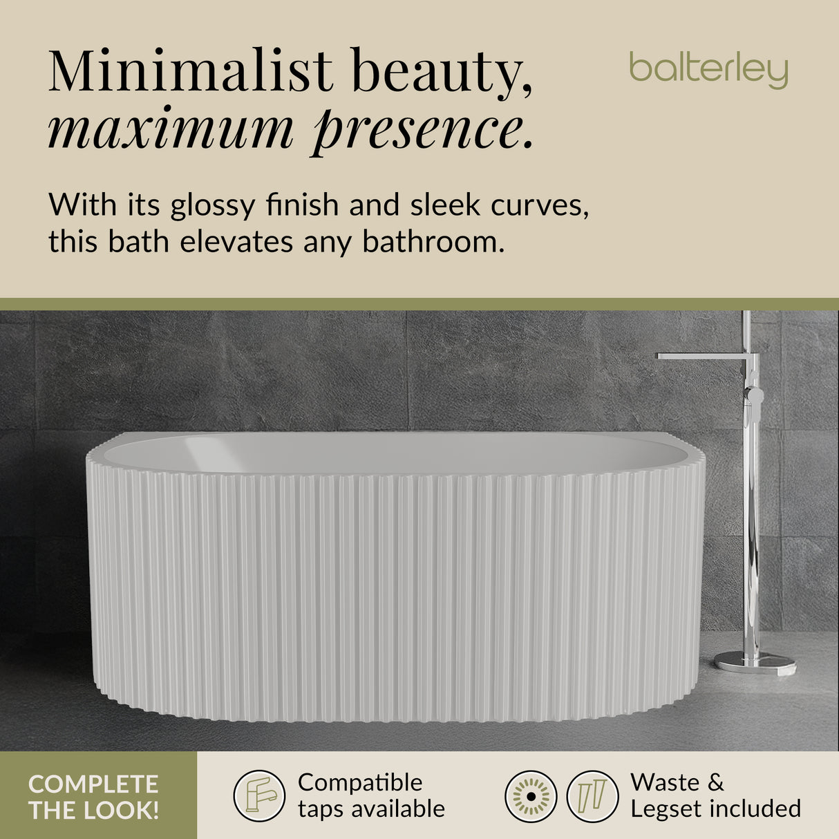 Contemporary Back To Wall Freestanding Bath with Ribbing from Balterley - Multiple Sizes Available