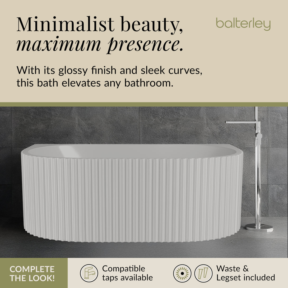 Contemporary Back To Wall Freestanding Bath with Ribbing from Balterley - Multiple Sizes Available