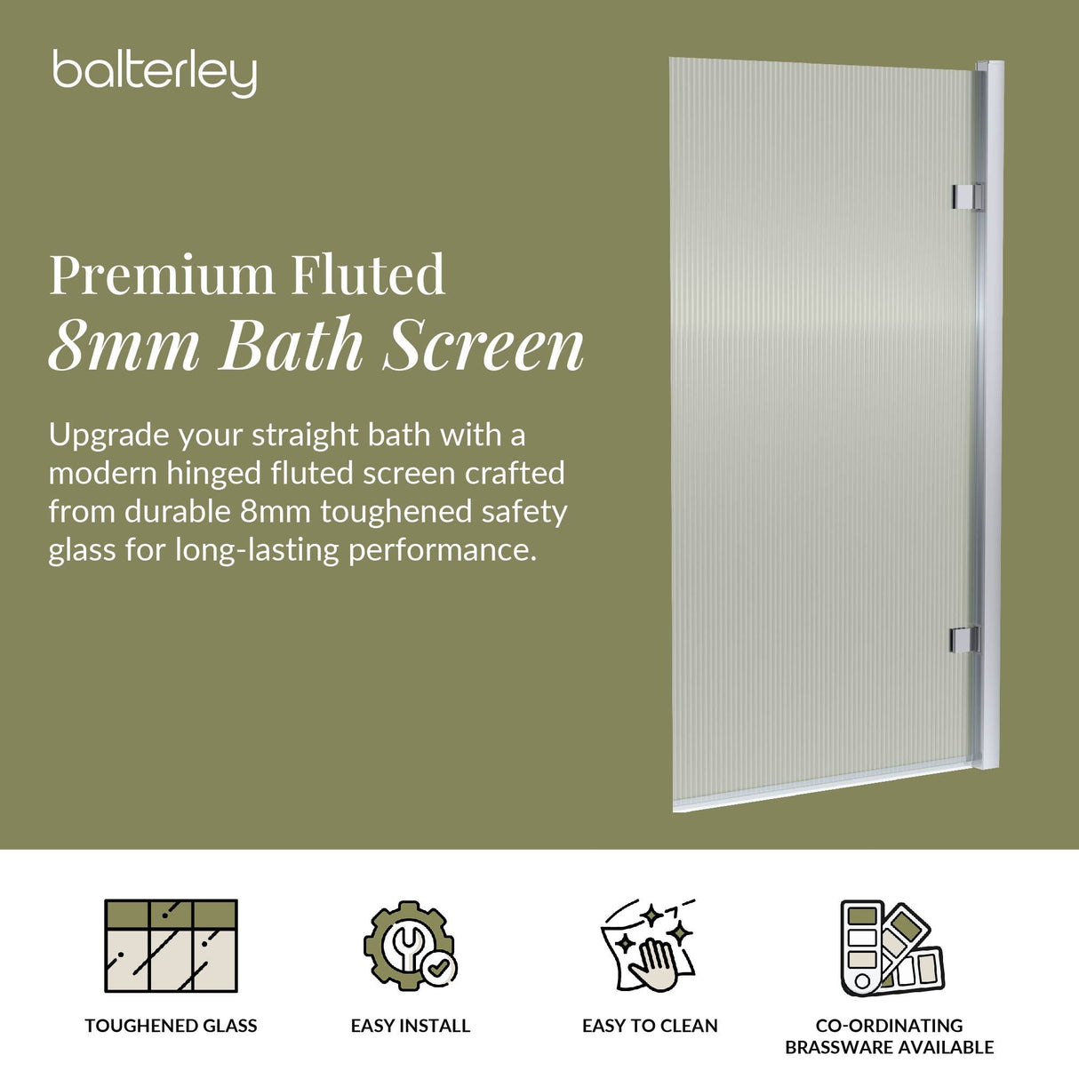 Contemporary 8mm Toughened Safety Glass Square Hinged Fluted Bath Screen - 1520 x 830 x 24mm - Choice of Colour