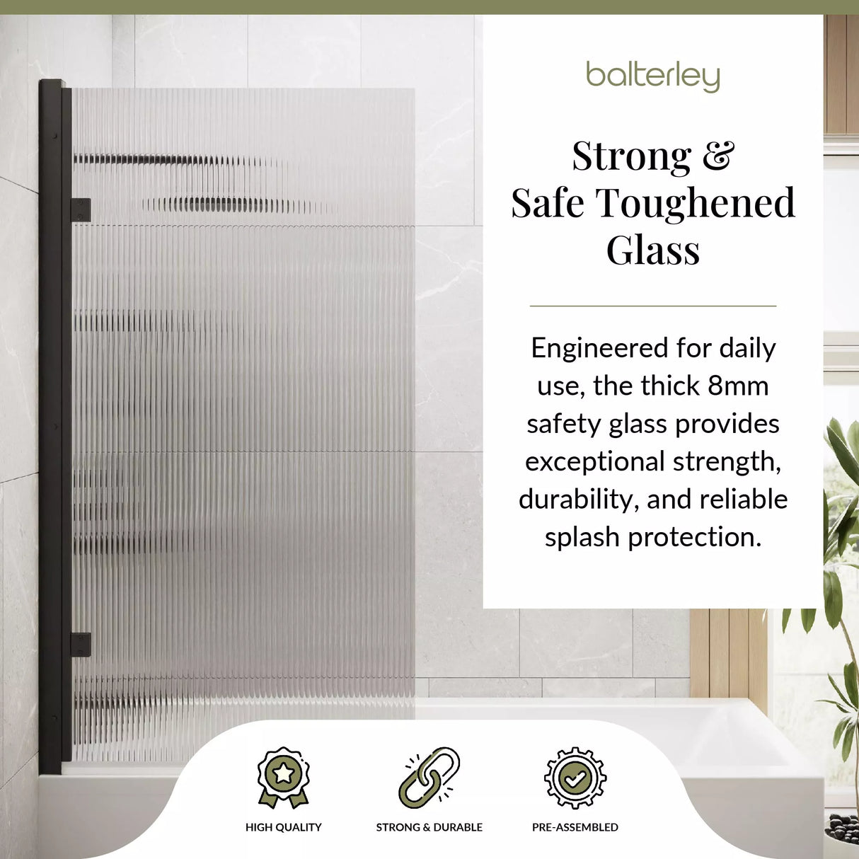Contemporary 8mm Toughened Safety Glass Square Hinged Fluted Bath Screen - 1520 x 830 x 24mm - Choice of Colour
