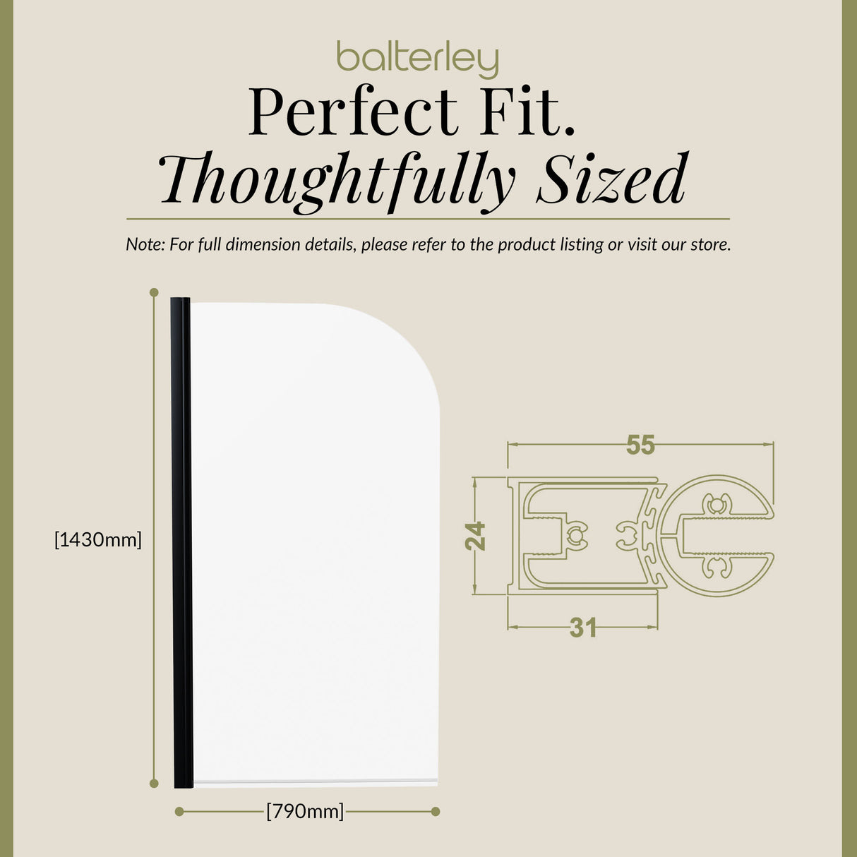6mm Toughened Safety Glass Round Bath Screen - 1430 x 790mm