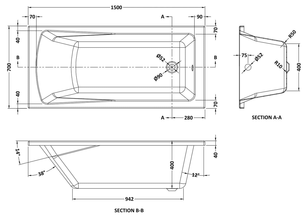 Contemporary Square Single Ended Bath Tub & Leg Set - Multiple Sizes