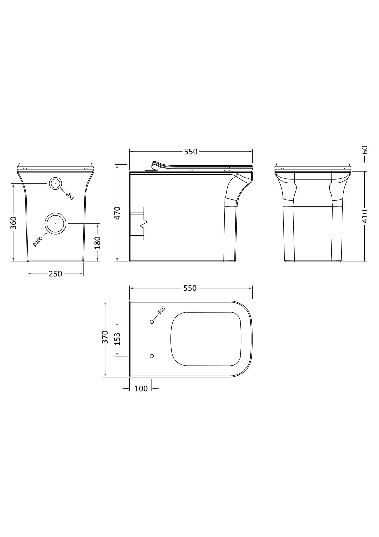 Square Back To Wall Toilet Pan with Soft Close Seat – White, 550mm Projection
