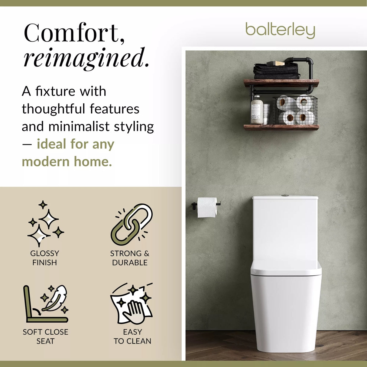 Rimless Close-Coupled Toilet with Soft-Close Seat – White, 792 x 385 x 62mm