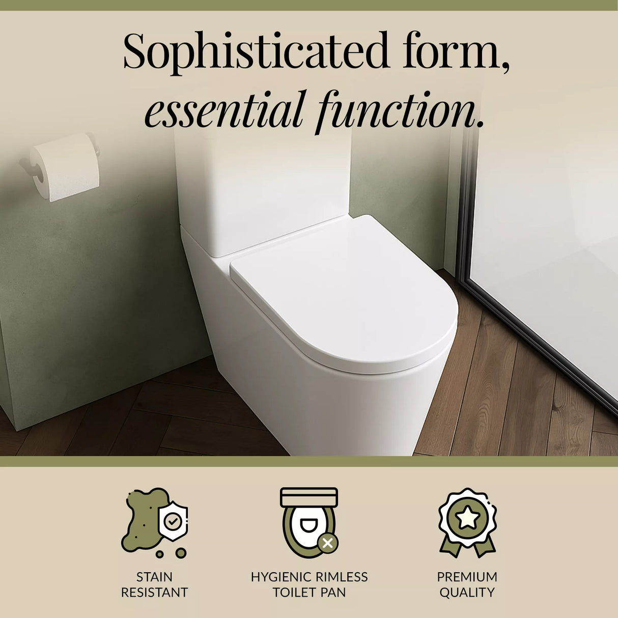 Rimless Close-Coupled Toilet with Soft-Close Seat – White, 792 x 385 x 62mm