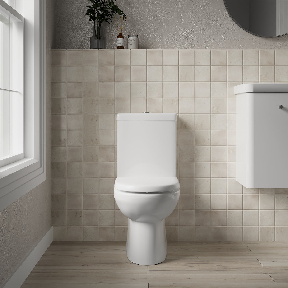 Ridley Ceramic Bathroom Bundle – Compact or Close-Coupled Toilet Pan, Cistern & Soft-Close Seat + 560mm 1-Tap-Hole Basin with Full Pedestal