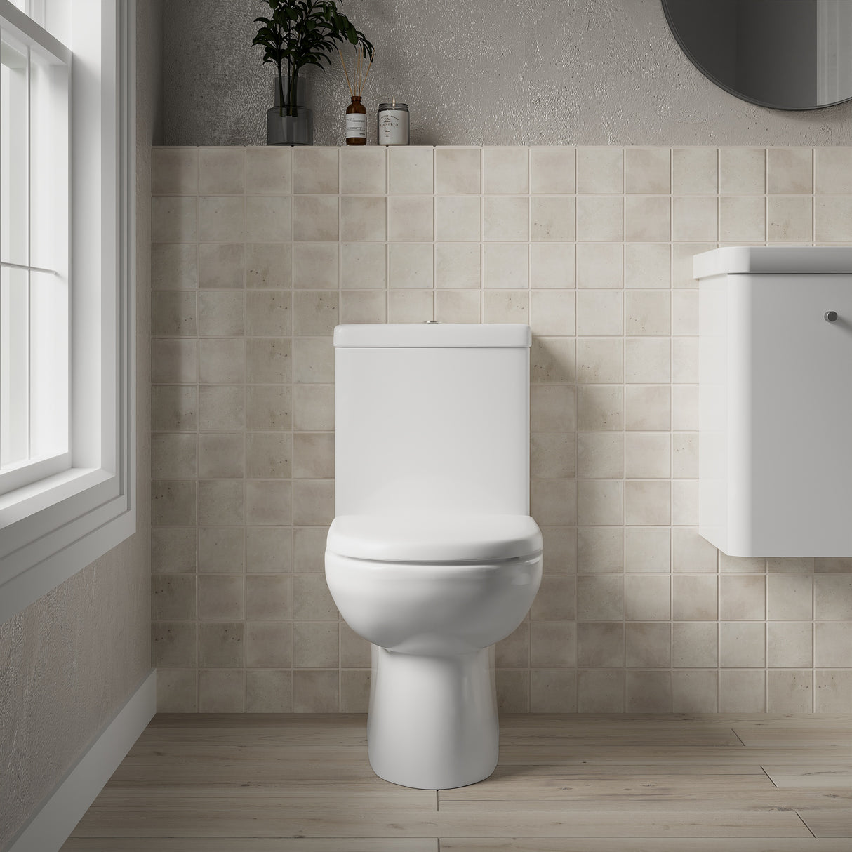 Ridley Ceramic Bathroom Bundle – Compact or Close-Coupled Toilet Pan, Cistern & Soft-Close Seat + 560mm 1-Tap-Hole Basin with Full Pedestal