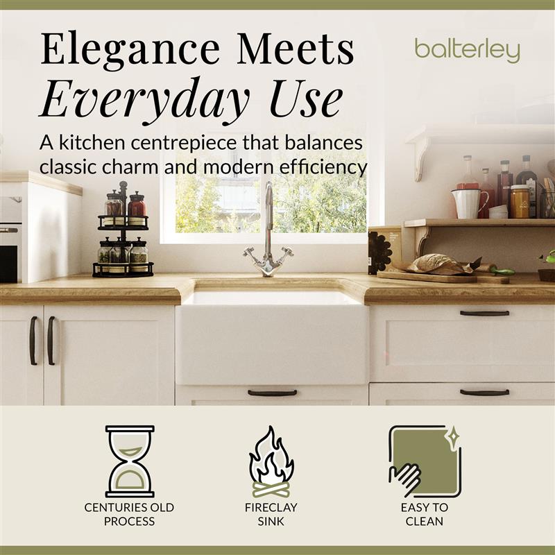 Single Bowl Fireclay Belfast Sink Bundle with Basket Strainer Waste & Mono Kitchen Sink Mixer Tap - 595mm