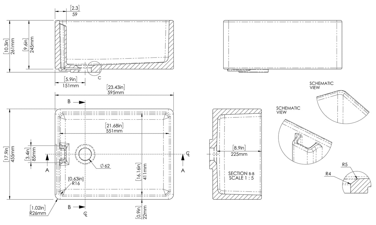 Single Bowl Fireclay Ceramic Belfast Kitchen Sink Bundle French Classic Tap & Waste