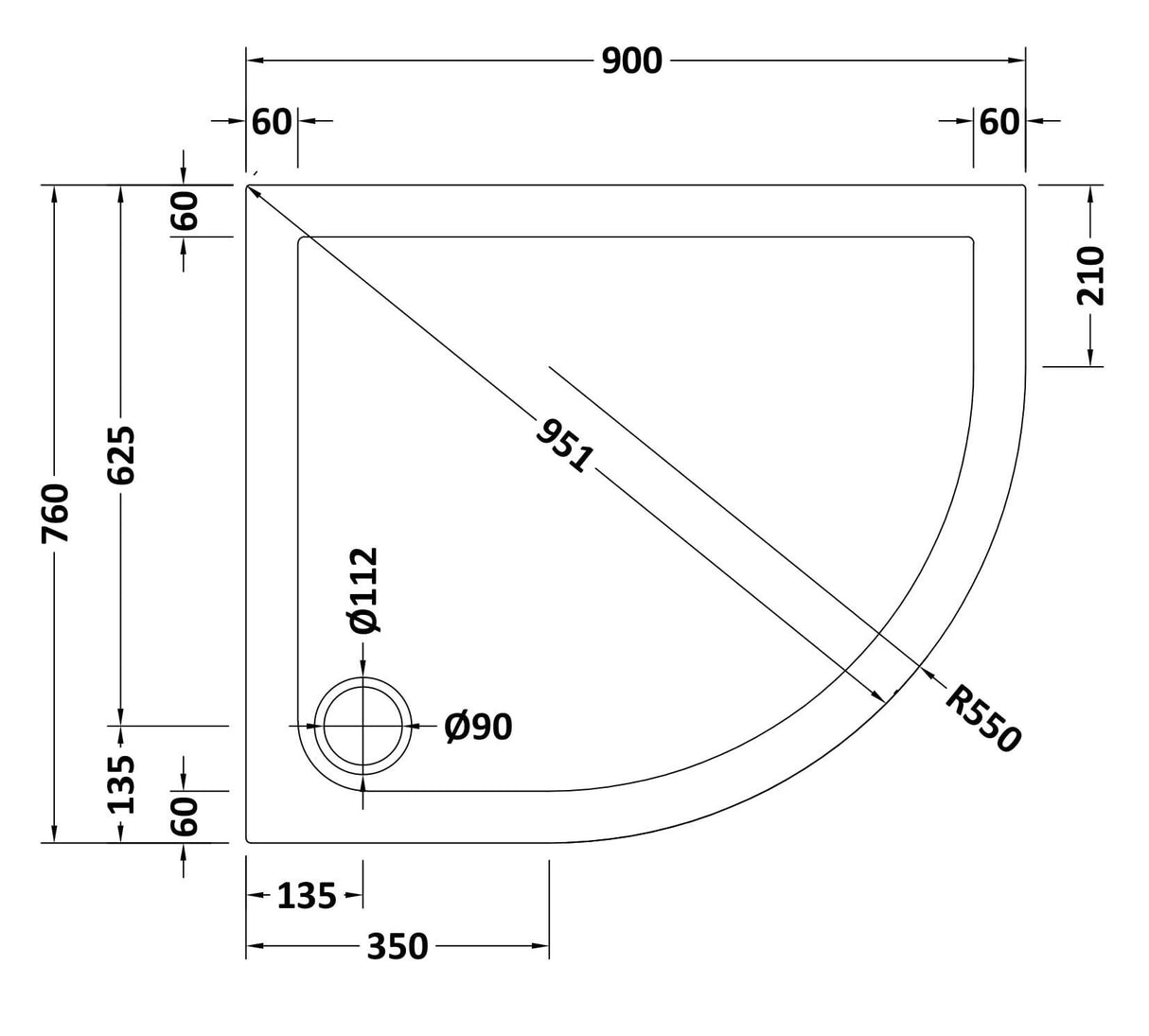 Slip Resistant Slimline Offset Quadrant Shower Tray - Choice of Size and Orientation