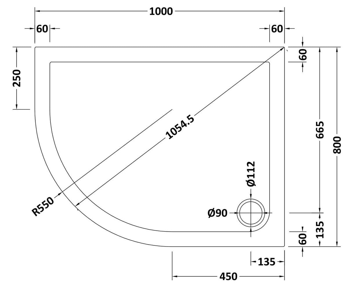 Slip Resistant Slimline Offset Quadrant Shower Tray - Choice of Size and Orientation