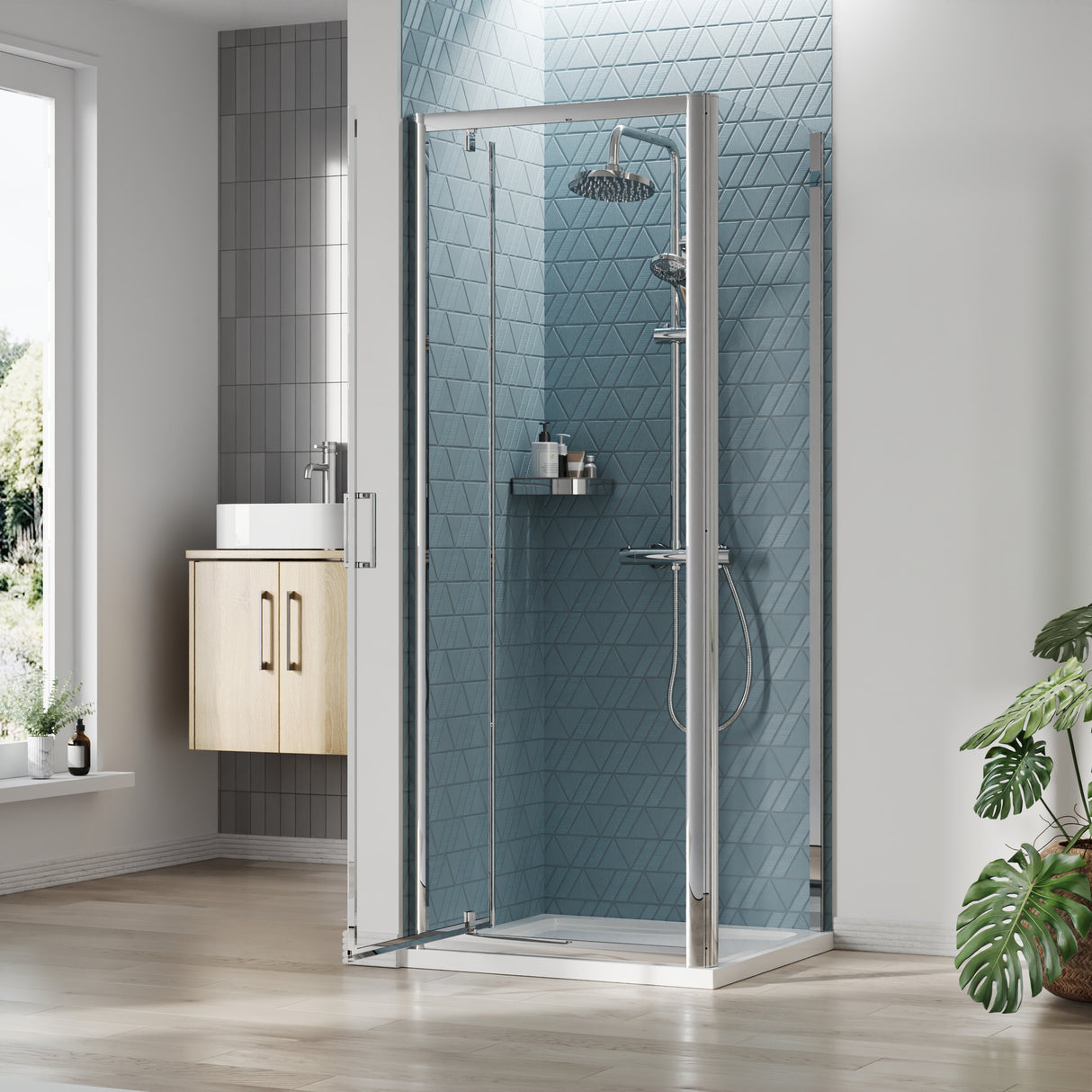 Pivot Shower Door, Side Panel and Shower Tray - Choice of Size and Finish