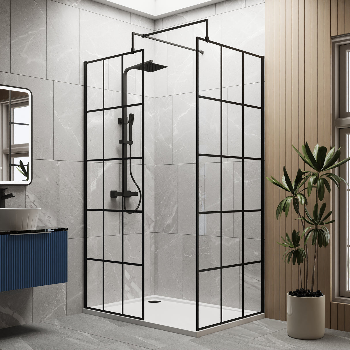 8mm Glass Walk In Wetroom Screens with Matt Black Framed Design and Shower Tray - Choice of Size