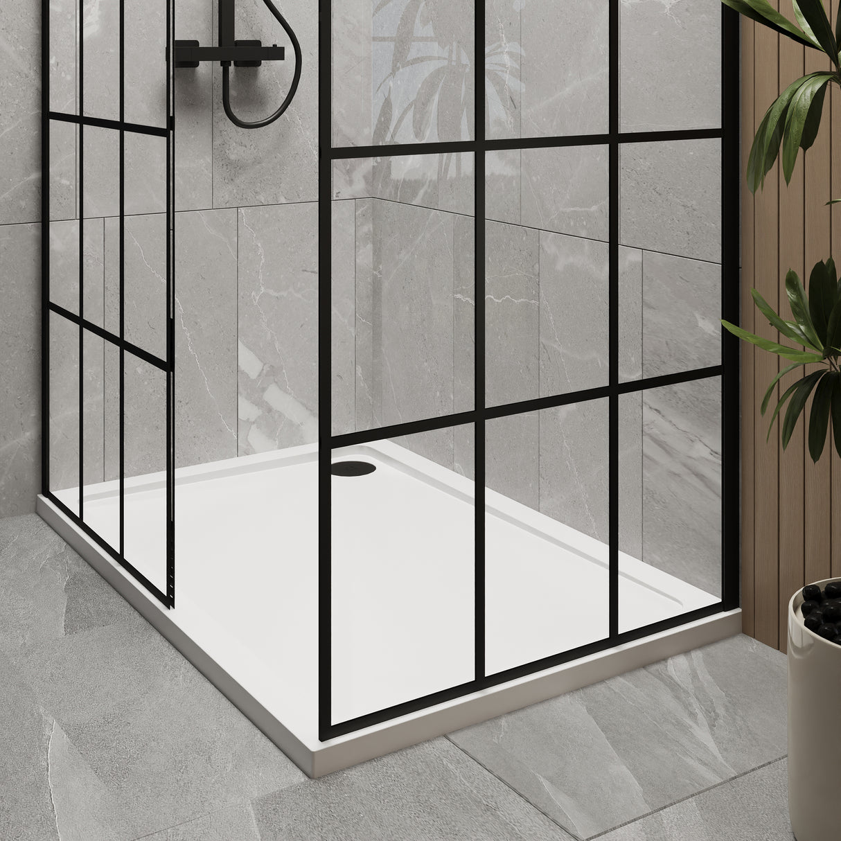 8mm Glass Walk In Wetroom Screens with Matt Black Framed Design and Shower Tray - Choice of Size