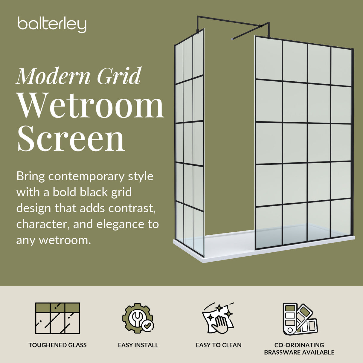 Contemporary 8mm Glass Walk In Wetroom Screens with Matt Black Framed Design and Shower Tray - Choice of Size