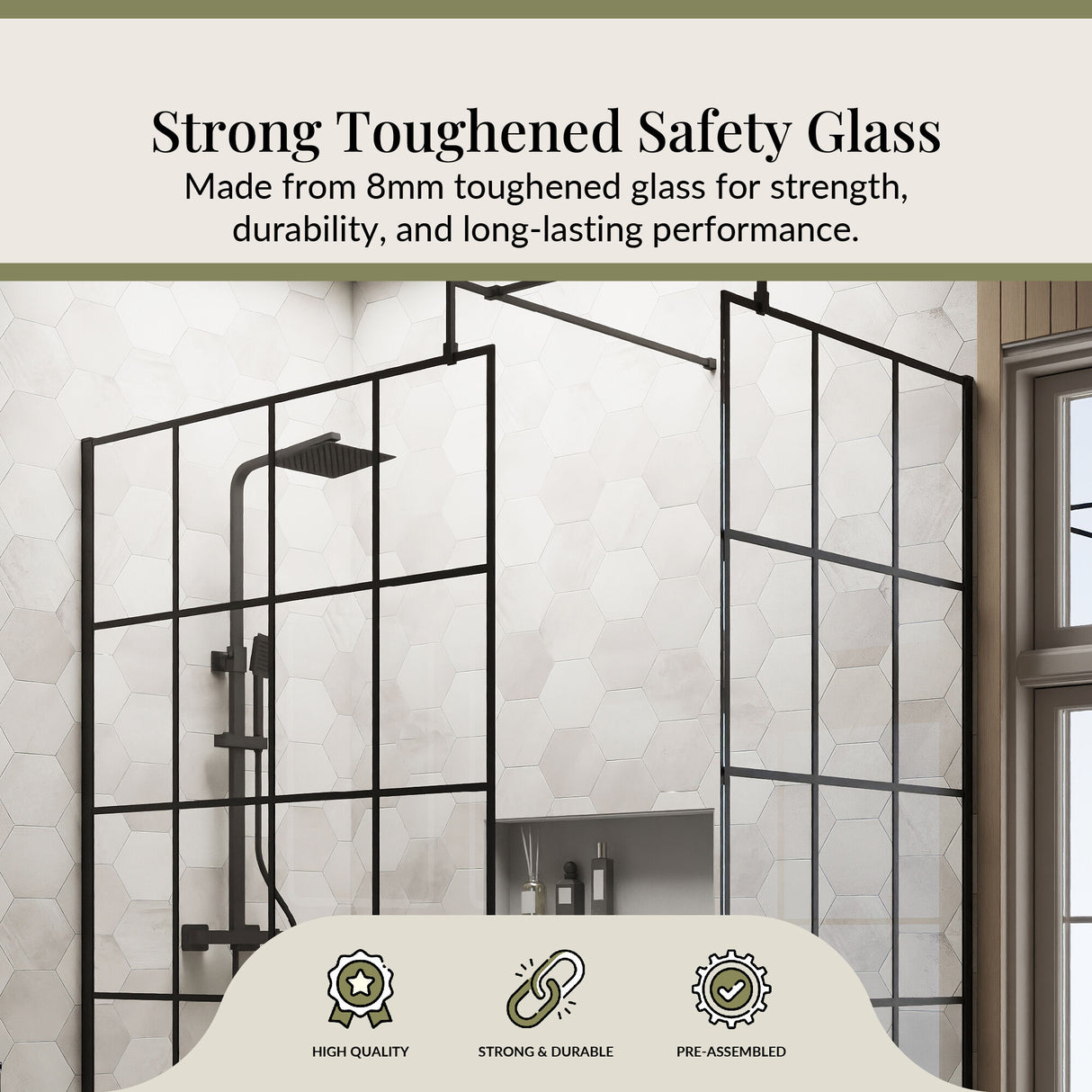 Contemporary 8mm Glass Walk In Wetroom Screens with Matt Black Framed Design and Shower Tray - Choice of Size