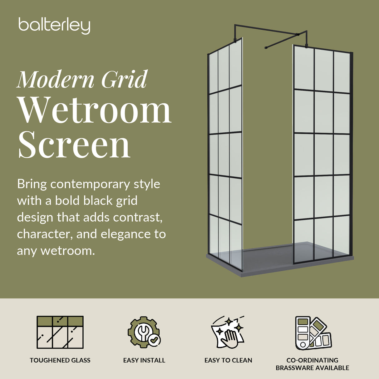 Contemporary 8mm Glass Walk In Wetroom Screens with Matt Black Framed Design and Shower Tray - Choice of Size