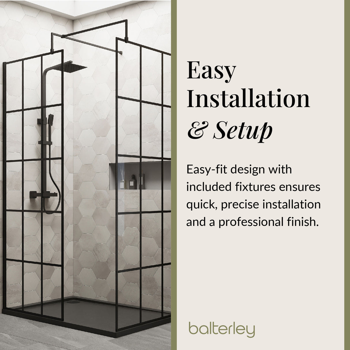 Contemporary 8mm Glass Walk In Wetroom Screens with Matt Black Framed Design and Shower Tray - Choice of Size