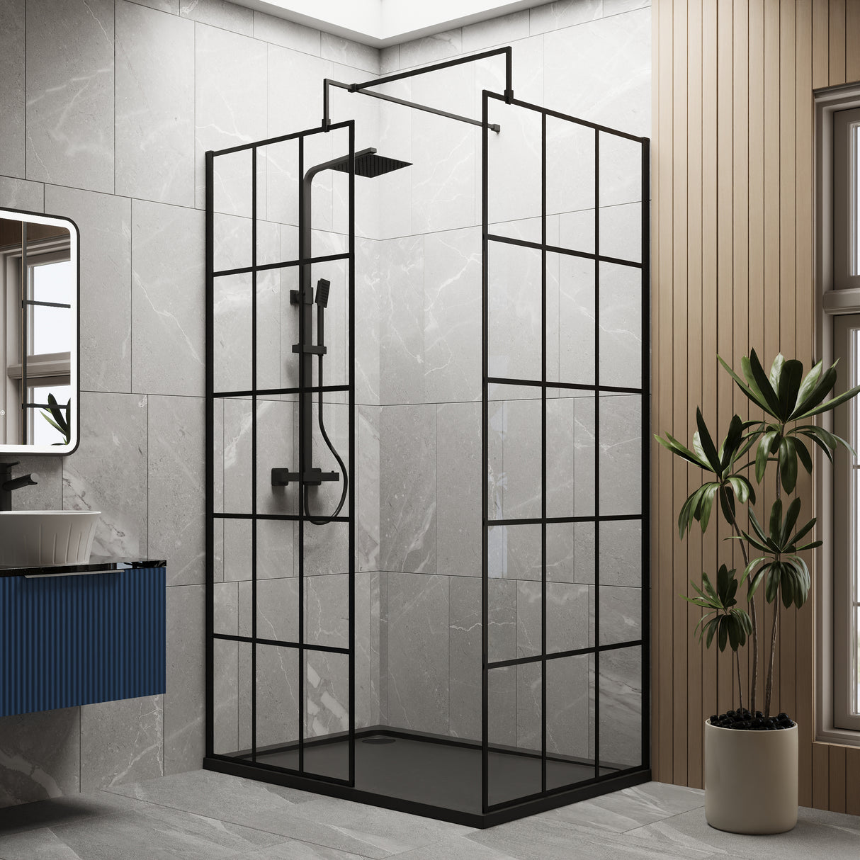 8mm Glass Walk In Wetroom Screens with Matt Black Framed Design and Shower Tray - Choice of Size