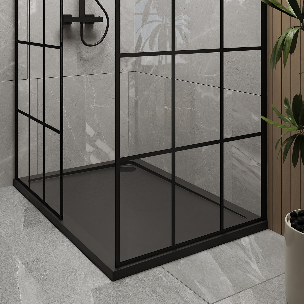 8mm Glass Walk In Wetroom Screens with Matt Black Framed Design and Shower Tray - Choice of Size