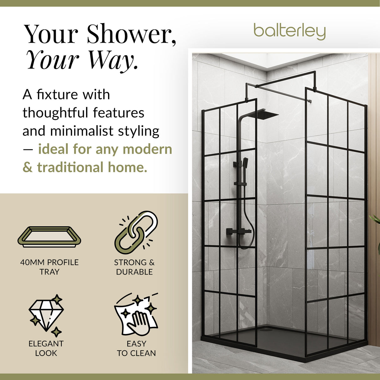 Contemporary 8mm Glass Walk In Wetroom Screens with Matt Black Framed Design and Shower Tray - Choice of Size