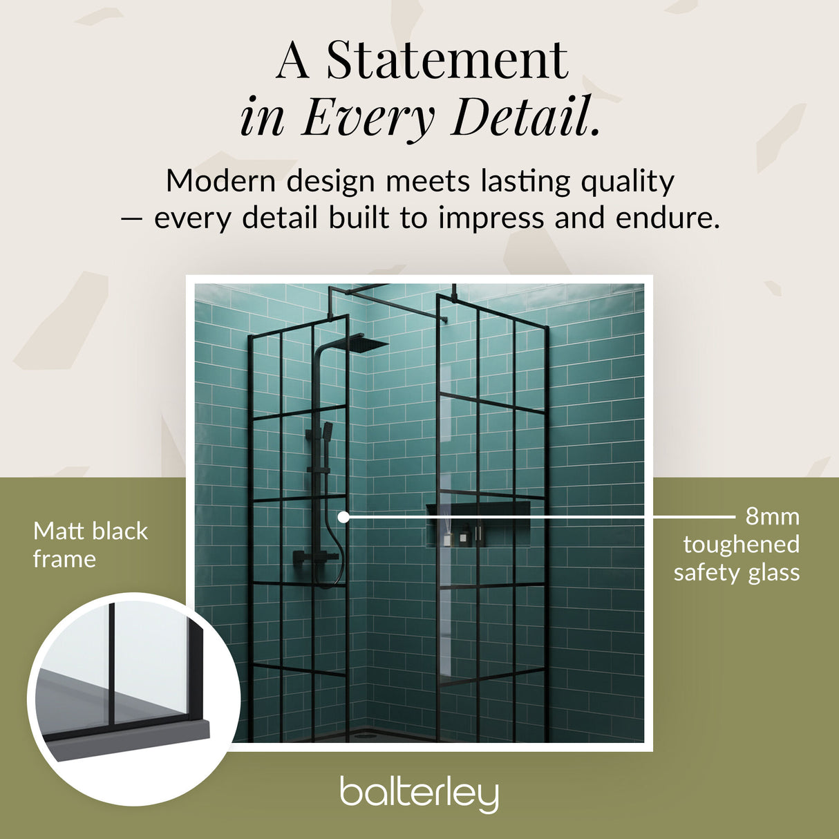 Contemporary 8mm Glass Walk In Wetroom Screens with Matt Black Framed Design and Shower Tray - Choice of Size