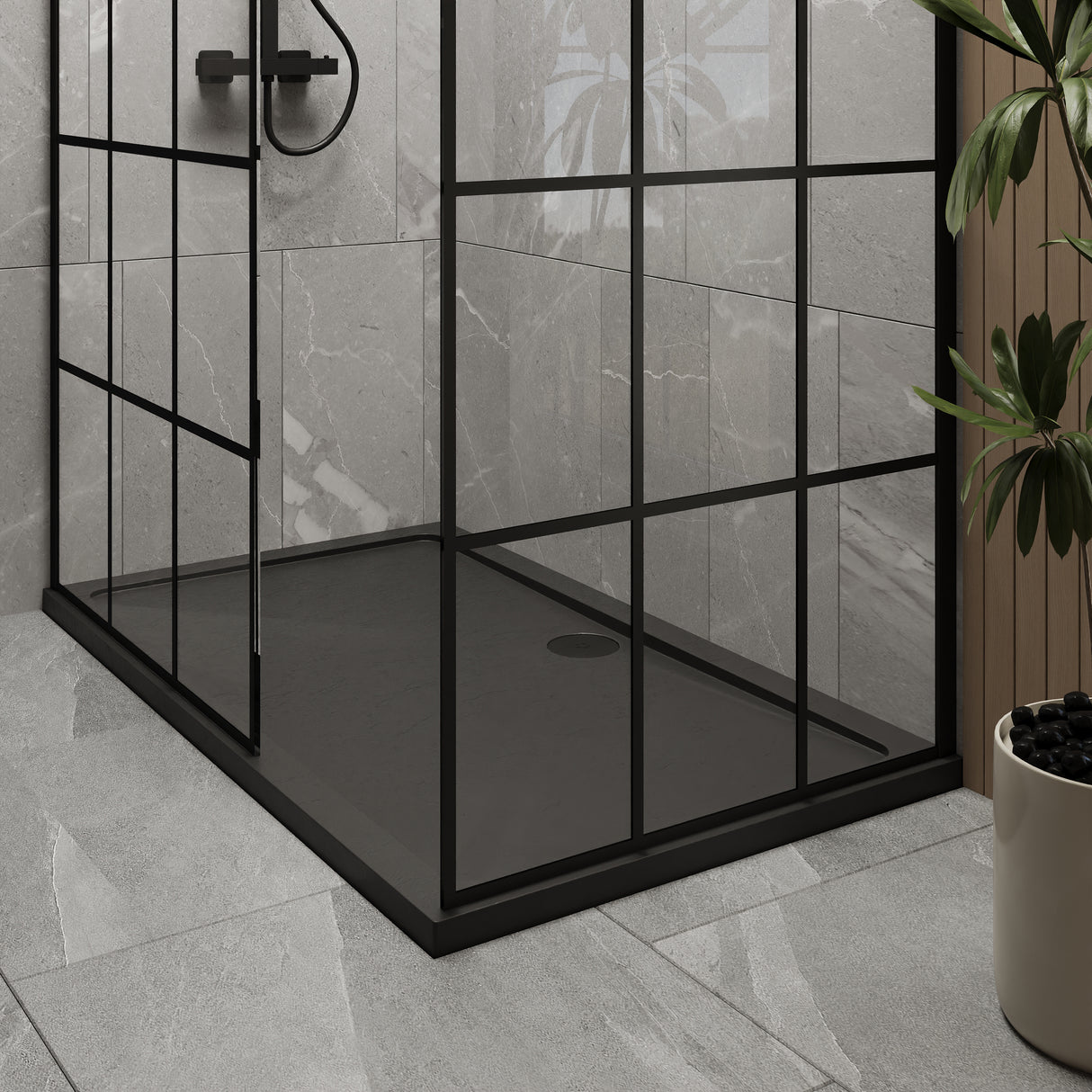 8mm Glass Walk In Wetroom Screens with Matt Black Framed Design and Shower Tray - Choice of Size