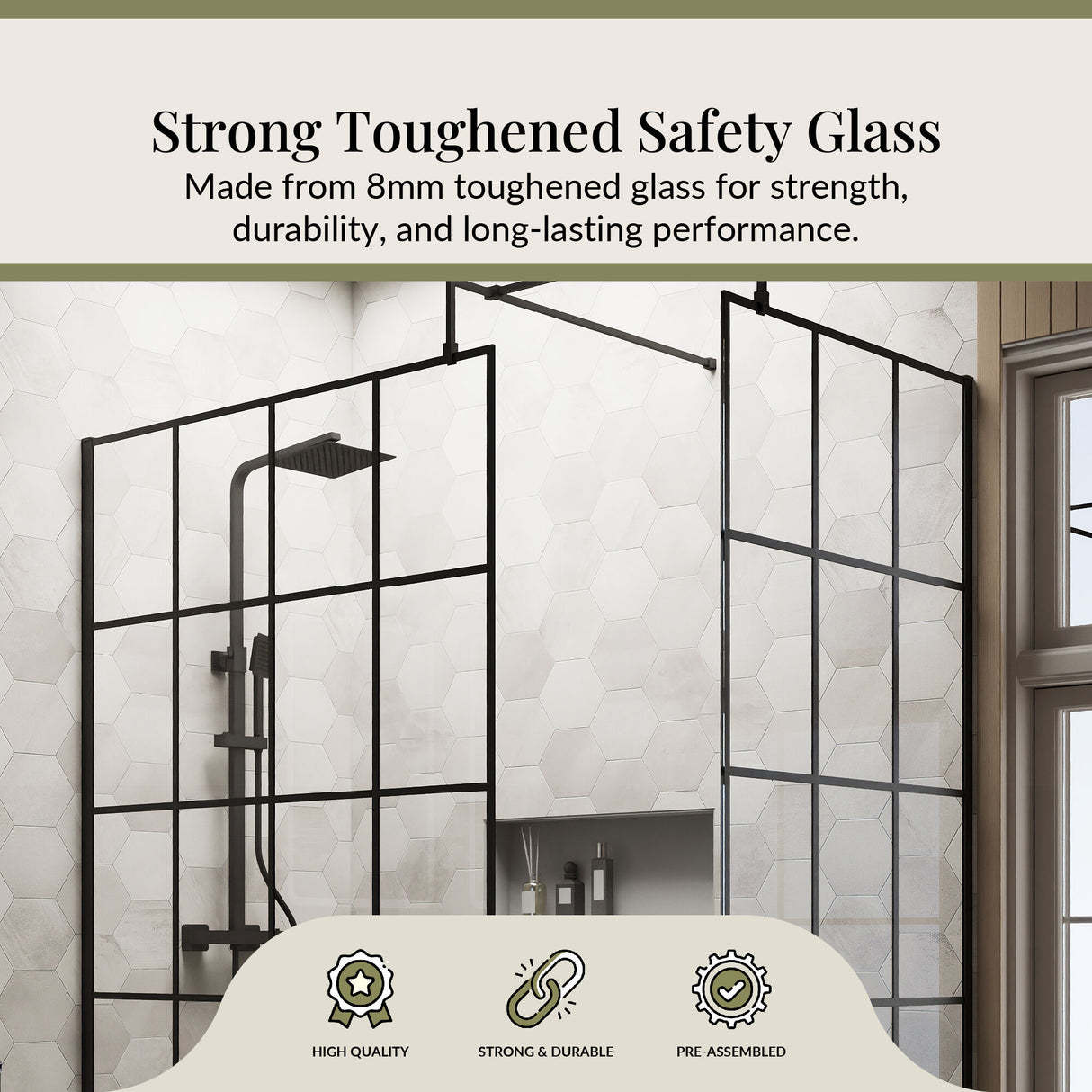 Contemporary 8mm Glass Walk In Wetroom Screens with Matt Black Framed Design and Shower Tray - Choice of Size