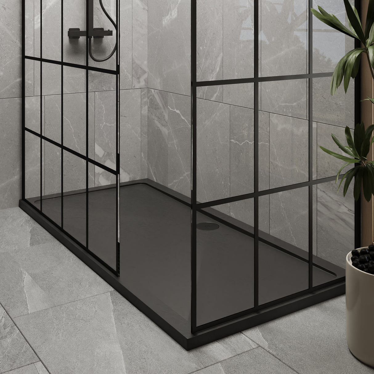 8mm Glass Walk In Wetroom Screens with Matt Black Framed Design and Shower Tray - Choice of Size