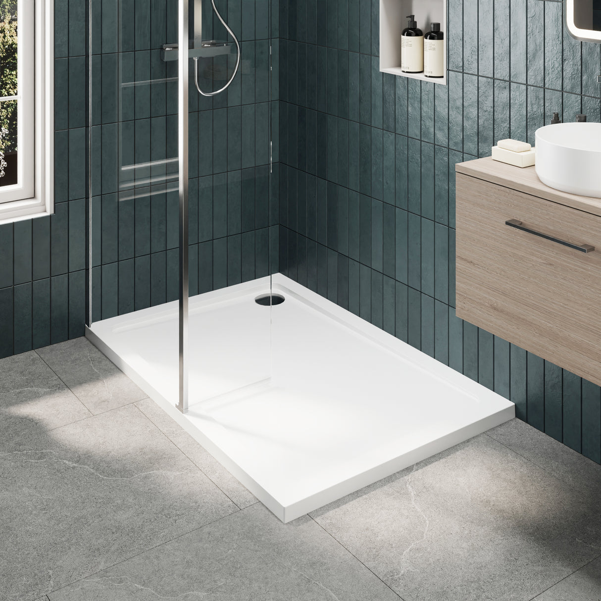 8mm Glass Walk In Wetroom Screen and Hinged Return Screen and Shower Tray - Choice of Size and Finish