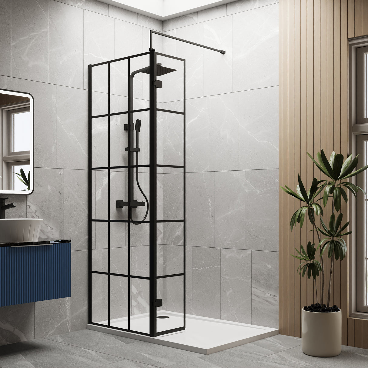 8mm Glass Walk In Wetroom Screen and Hinged Return Screen with Black Framed Design - Choice of Size