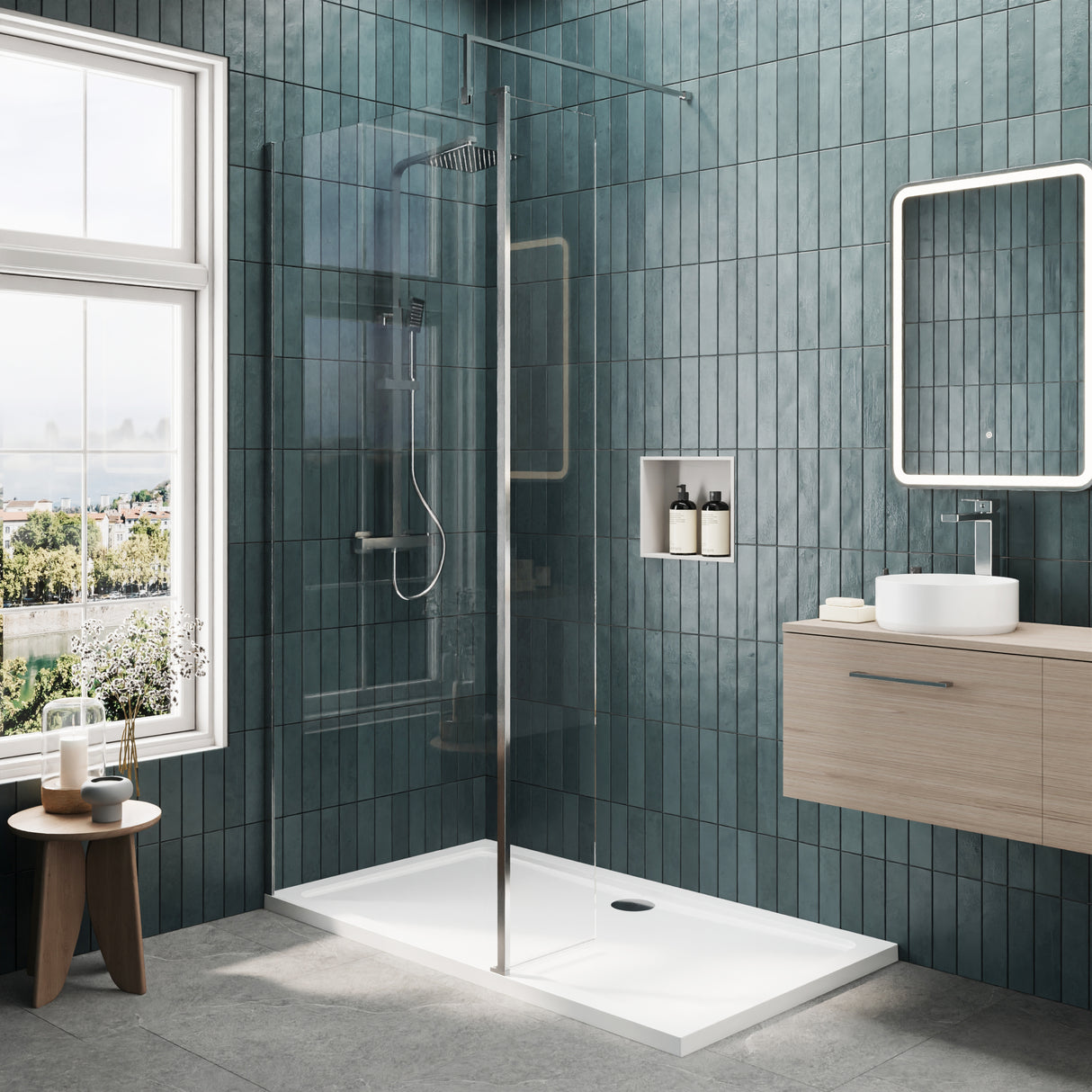 8mm Glass Walk In Wetroom Screen and Hinged Return Screen and Shower Tray - Choice of Size and Finish