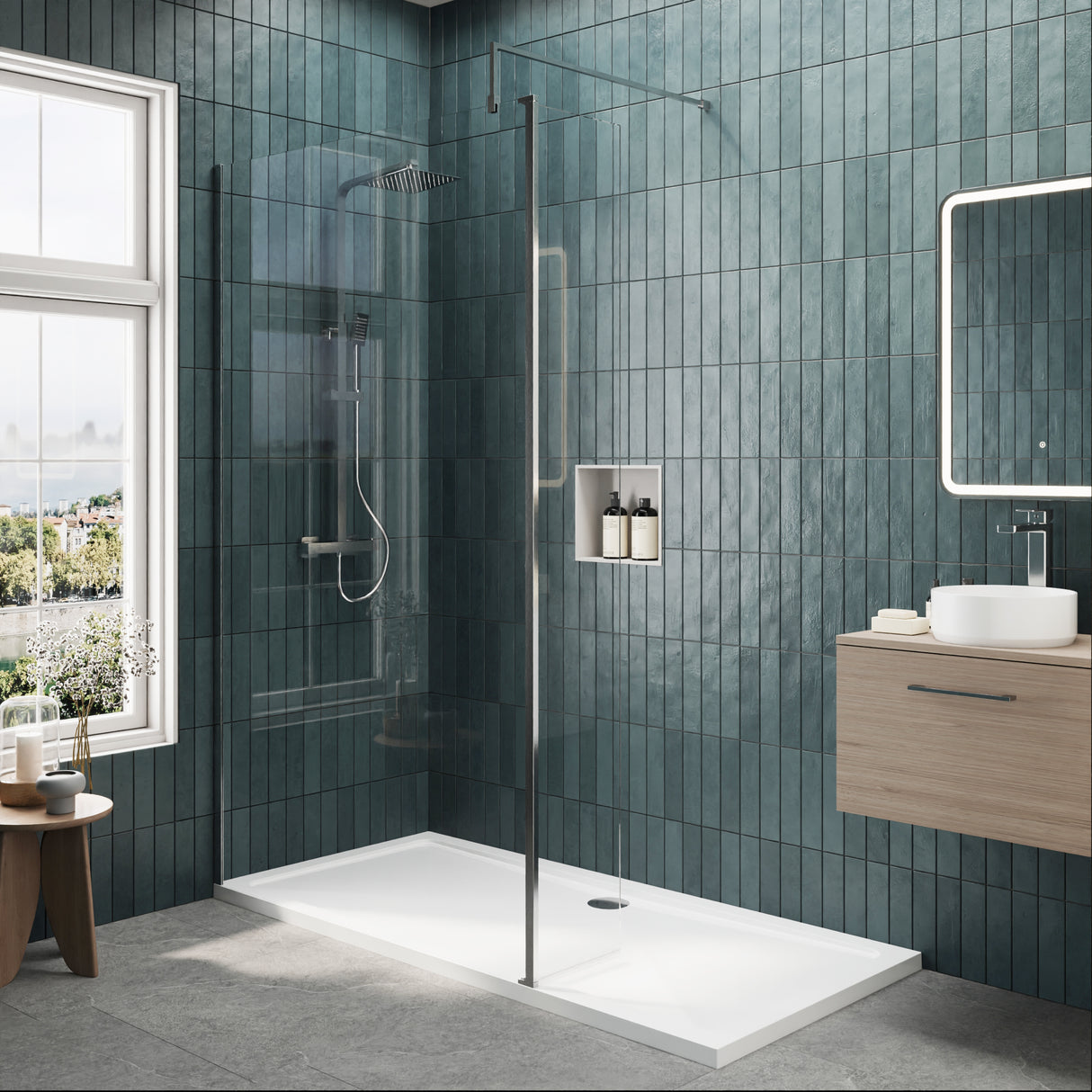 8mm Glass Walk In Wetroom Screen and Hinged Return Screen and Shower Tray - Choice of Size and Finish