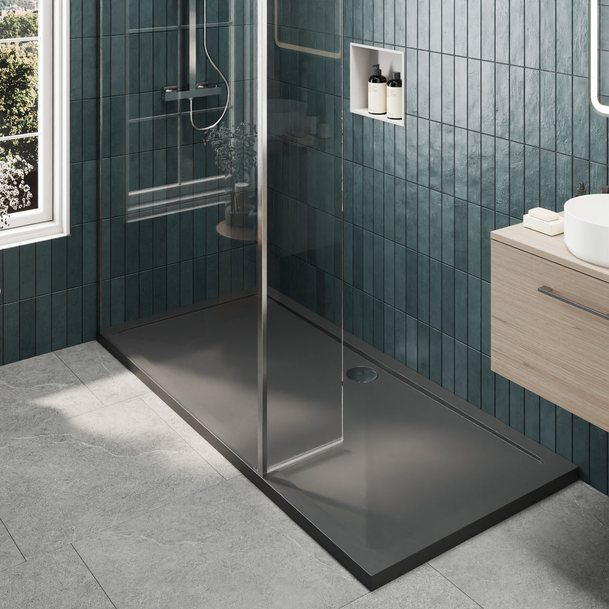 8mm Glass Walk In Wetroom Screen and Hinged Return Screen and Shower Tray - Choice of Size and Finish