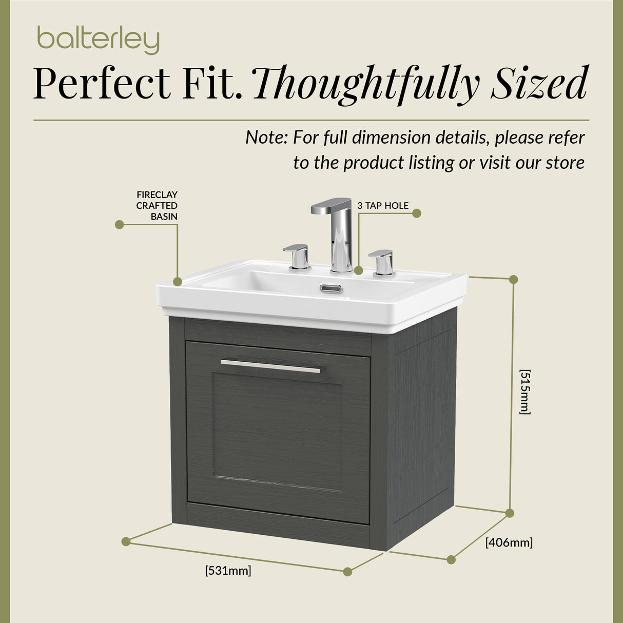 Traditional Wall Hung Vanity Basin Unit with Fireclay Basin - Choice of Size, Colour and Basin Type