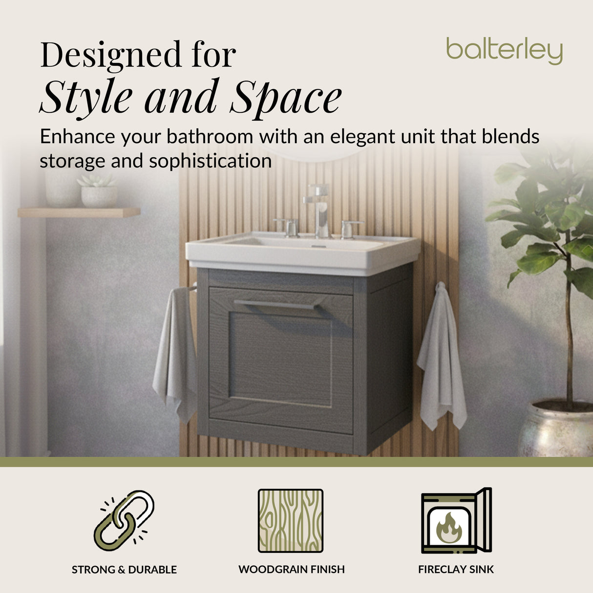 Traditional Wall Hung Vanity Basin Unit with Fireclay Basin - Choice of Size, Colour and Basin Type