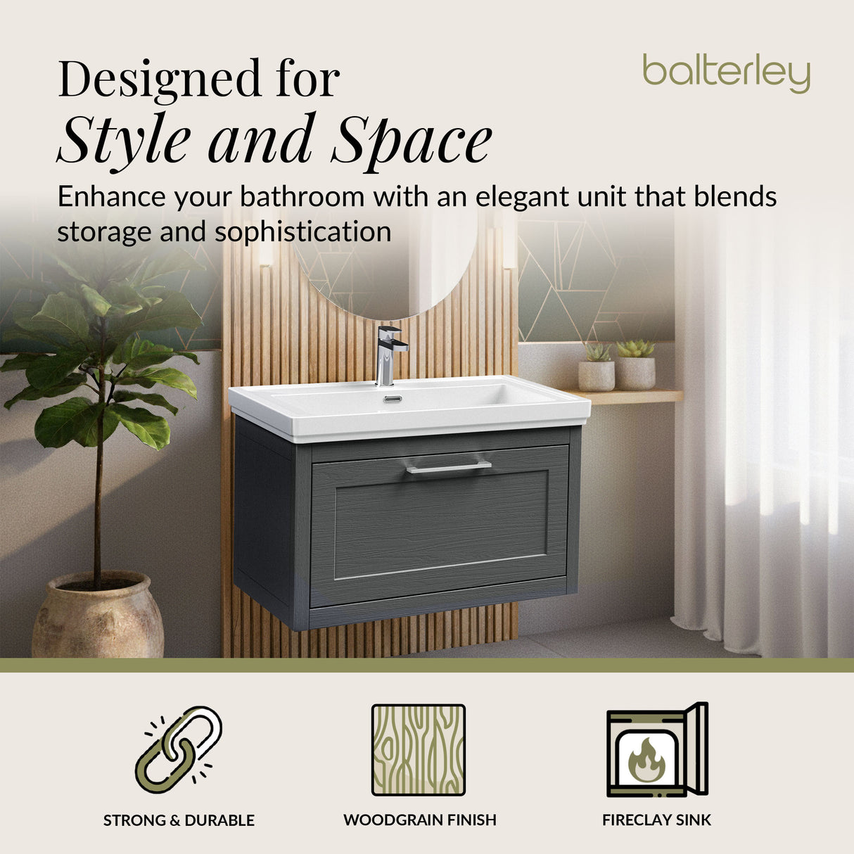 Traditional Wall Hung Vanity Basin Unit with Fireclay Basin - Choice of Size, Colour and Basin Type