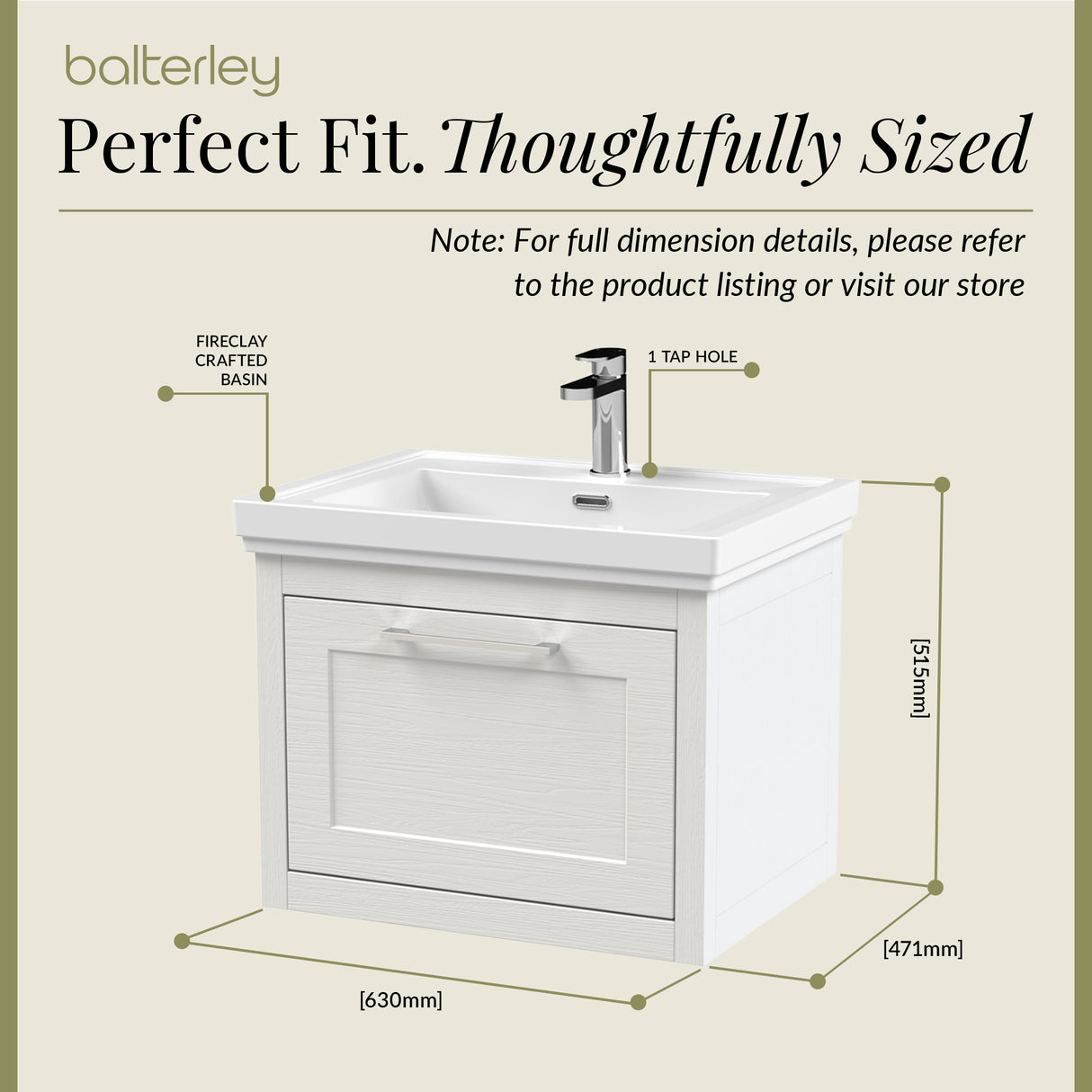 Traditional Wall Hung Vanity Basin Unit with Fireclay Basin - Choice of Size, Colour and Basin Type