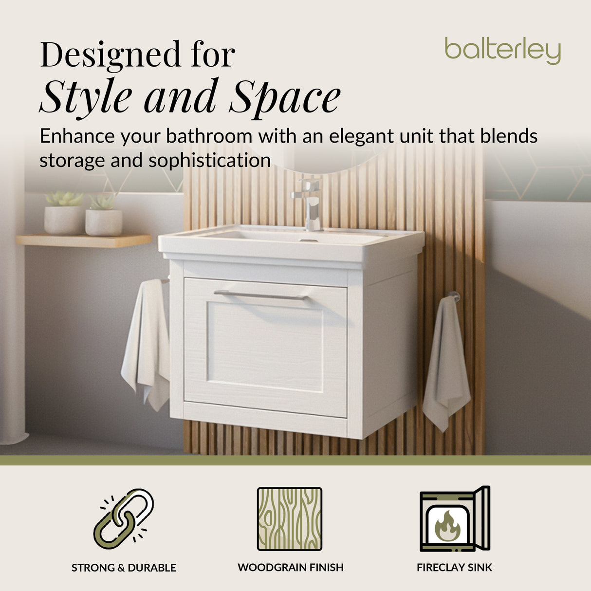Traditional Wall Hung Vanity Basin Unit with Fireclay Basin - Choice of Size, Colour and Basin Type