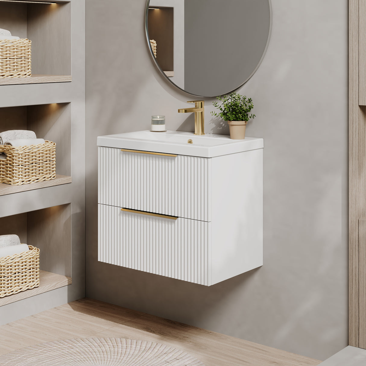 Fluted Front Wall Hung Vanity Basin Unit with Choice of Size, Colour and Handle Options