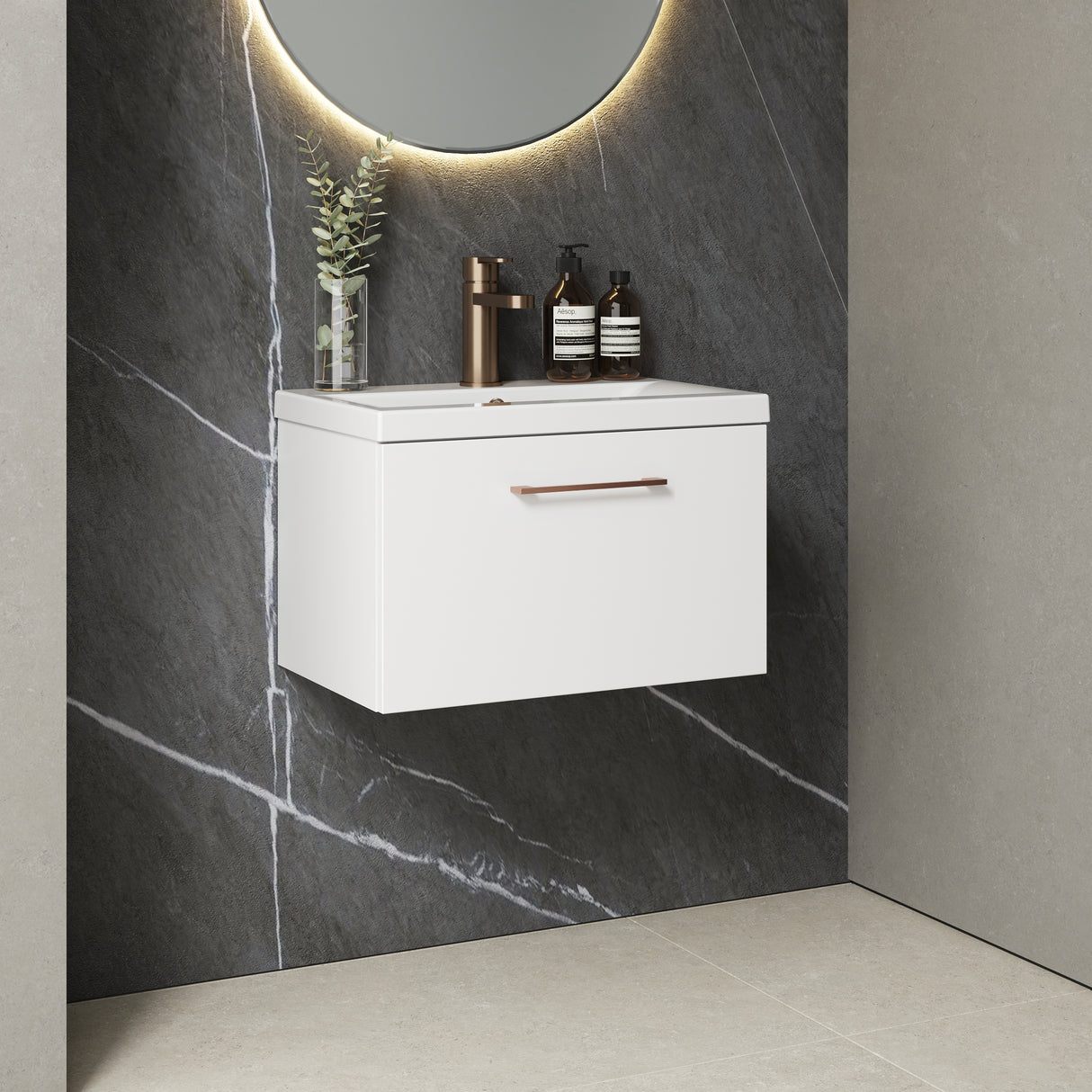 Wall Hung 1 Drawer Vanity Unit with Mid-Edge Ceramic Basin - Choice of Colour, Handle Finish and Size