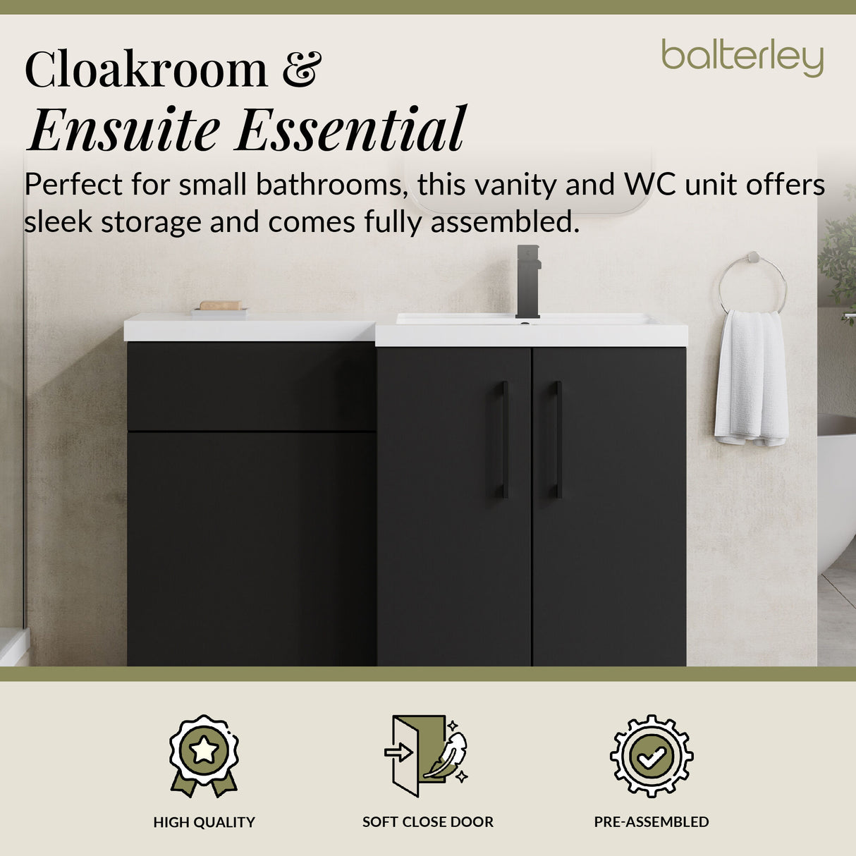 Bathroom Combination Vanity Unit with Basin & WC, Right Hand, 1100mm x 390mm - Choice of Colour and Handle Finish