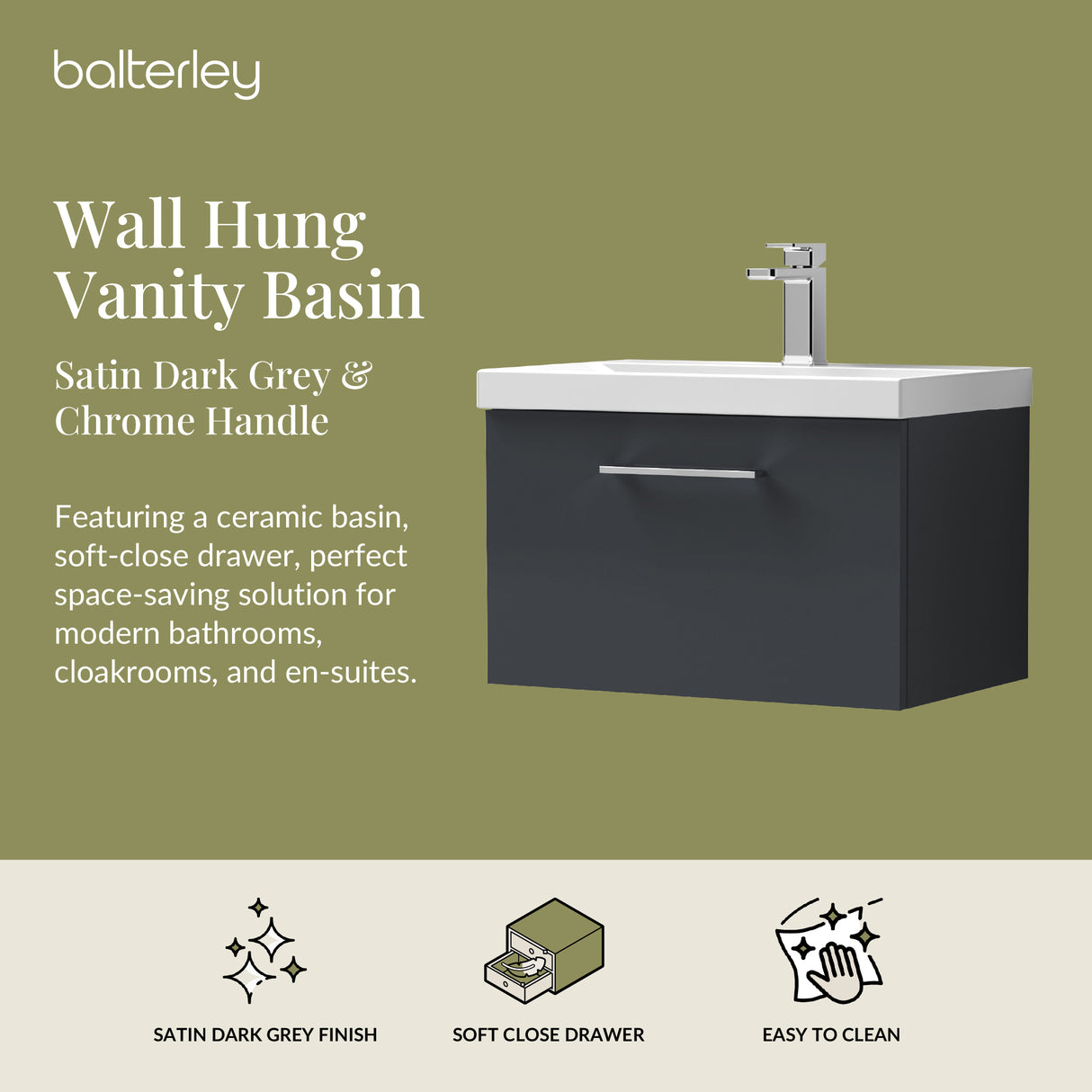 Wall Hung 1 Drawer Vanity Unit with Mid-Edge Ceramic Basin - Choice of Colour, Handle Finish and Size