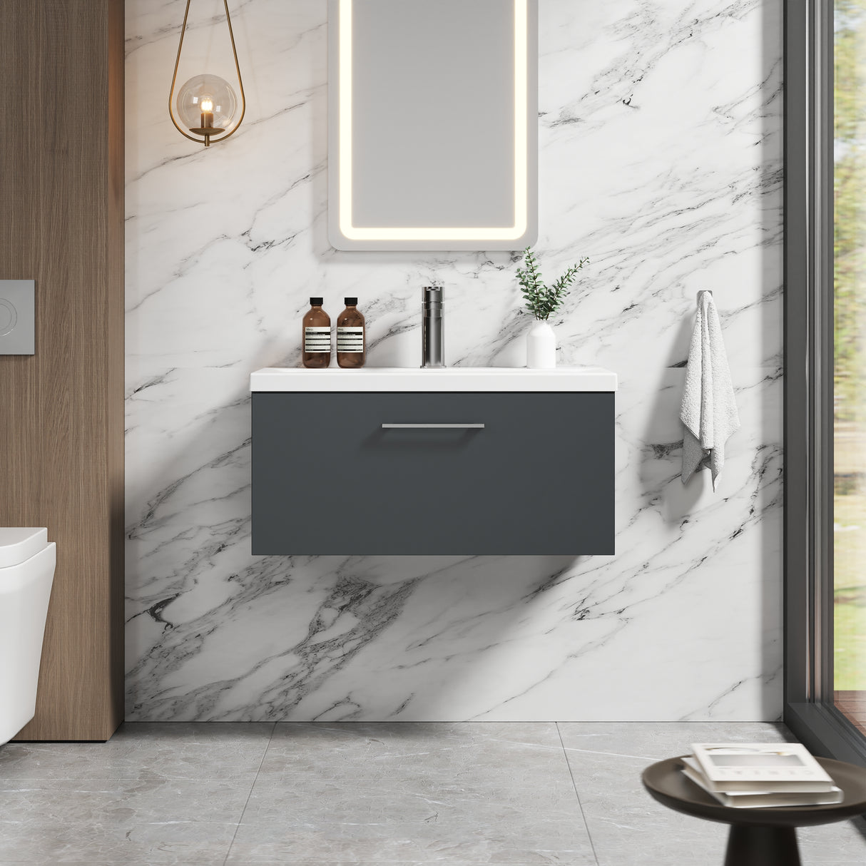 Wall Hung 1 Drawer Vanity Unit with Mid-Edge Ceramic Basin - Choice of Colour, Handle Finish and Size