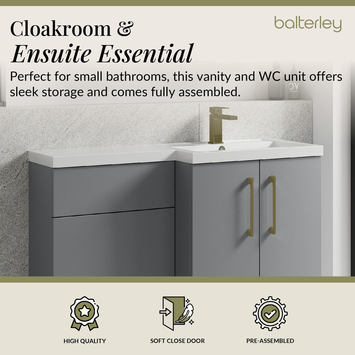 Bathroom Combination Vanity Unit with Basin & WC, Right Hand, 1100mm x 390mm - Choice of Colour and Handle Finish