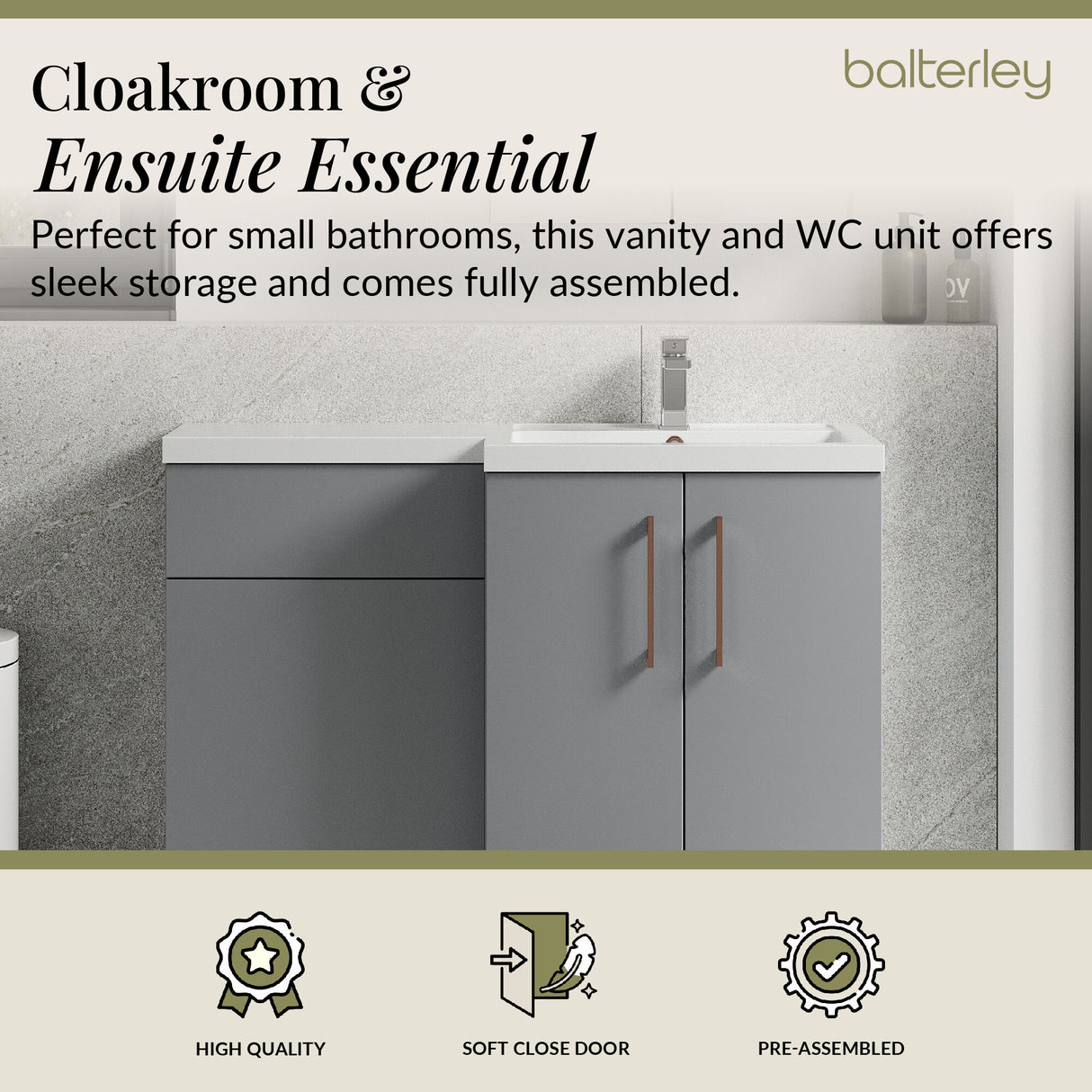 Bathroom Combination Vanity Unit with Basin & WC, Right Hand, 1100mm x 390mm - Choice of Colour and Handle Finish