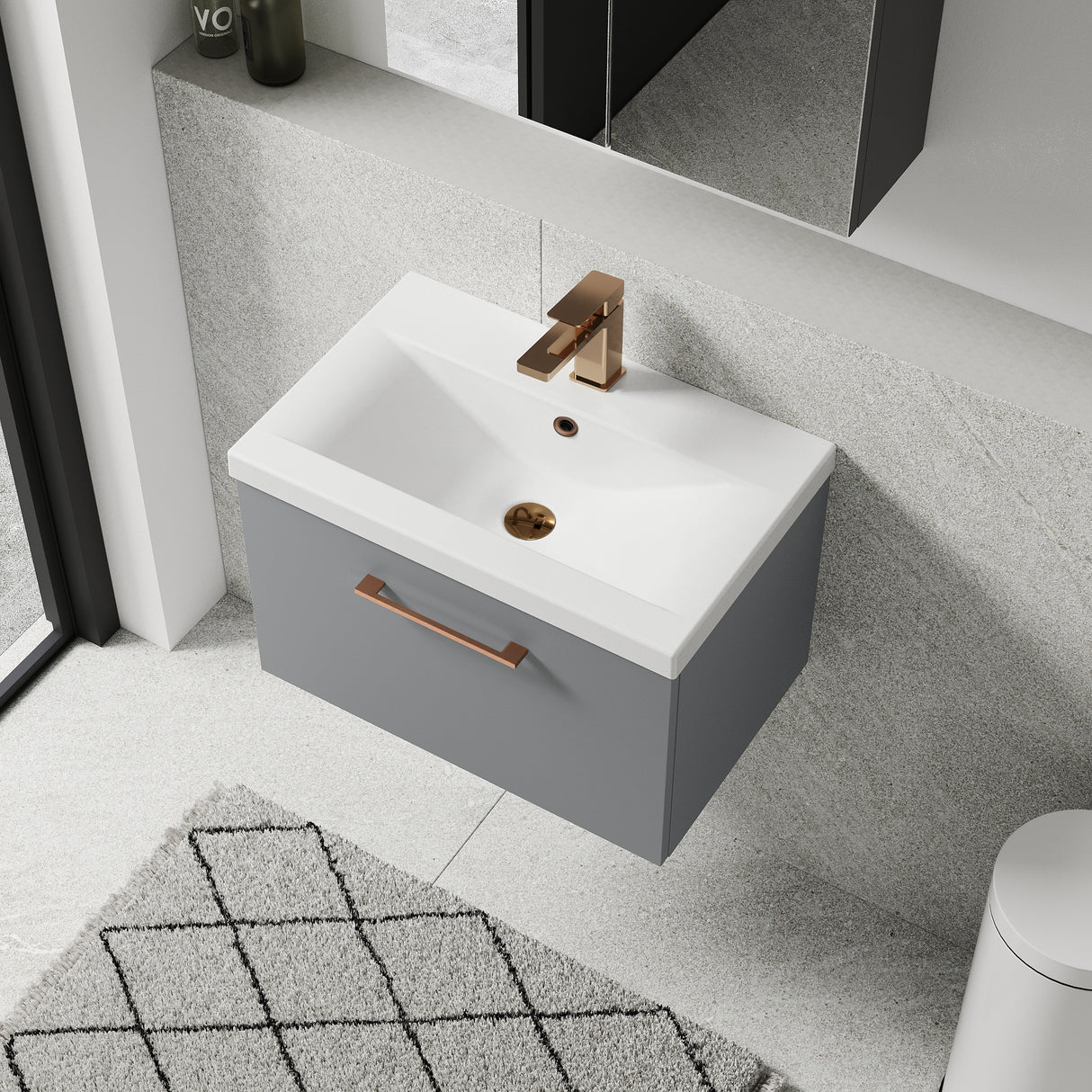 Wall Hung 1 Drawer Vanity Unit with Mid-Edge Ceramic Basin - Choice of Colour, Handle Finish and Size