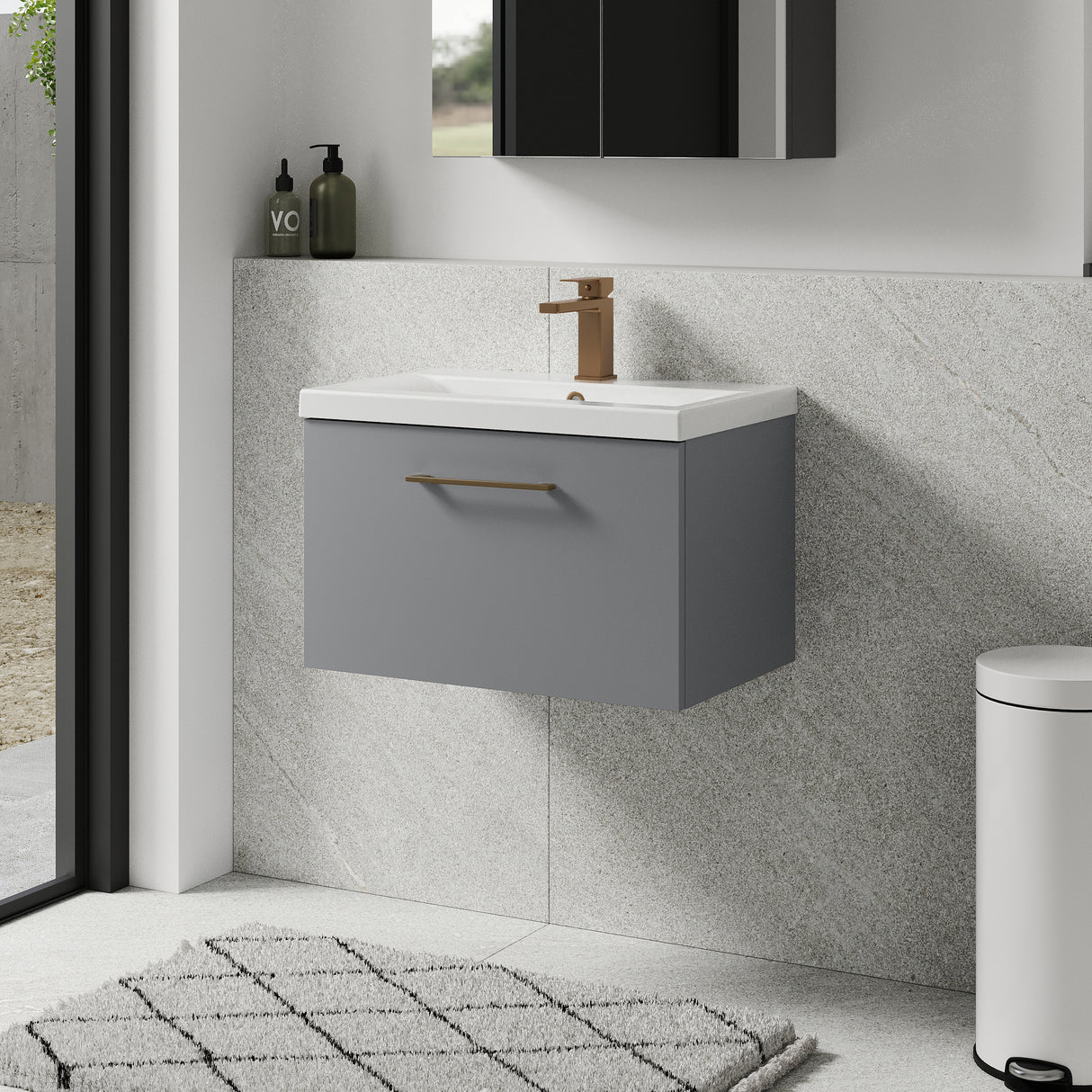 Wall Hung 1 Drawer Vanity Unit with Mid-Edge Ceramic Basin - Choice of Colour, Handle Finish and Size